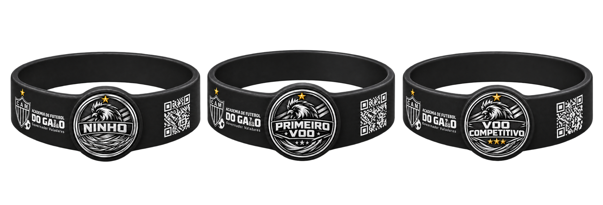 Modelos de pulseiras do Programa do Voo: Ninho do Galo, Primeiro Voo e Voo Competitivo.