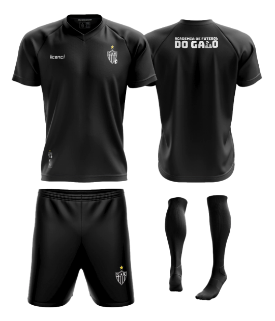 Kit de treino de goleiro da Academia de Futebol do Galo, com camisa, short e meião pretos