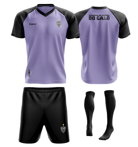 Kit de treino de linha da Academia de Futebol do Galo, com camisa roxa, short e meião pretos
